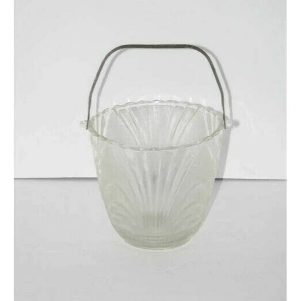 Vintage Ice Bucket Frosted Glass Removable Hammered Aluminum Handle